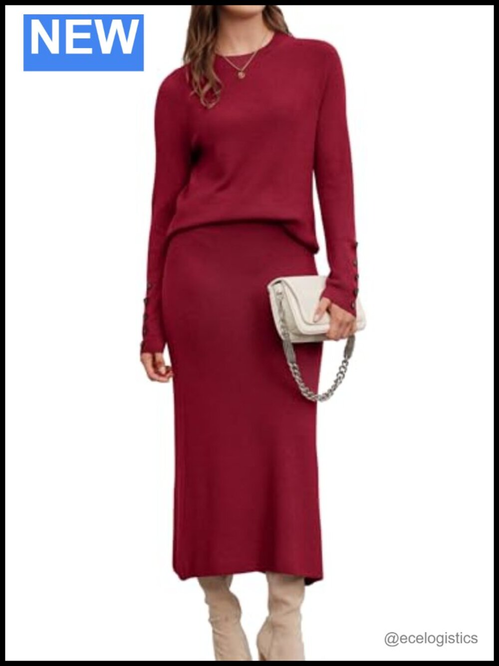 Wool Blend Knit Two Piece Skirt Set Long Sleeve Lounge Business Outfit